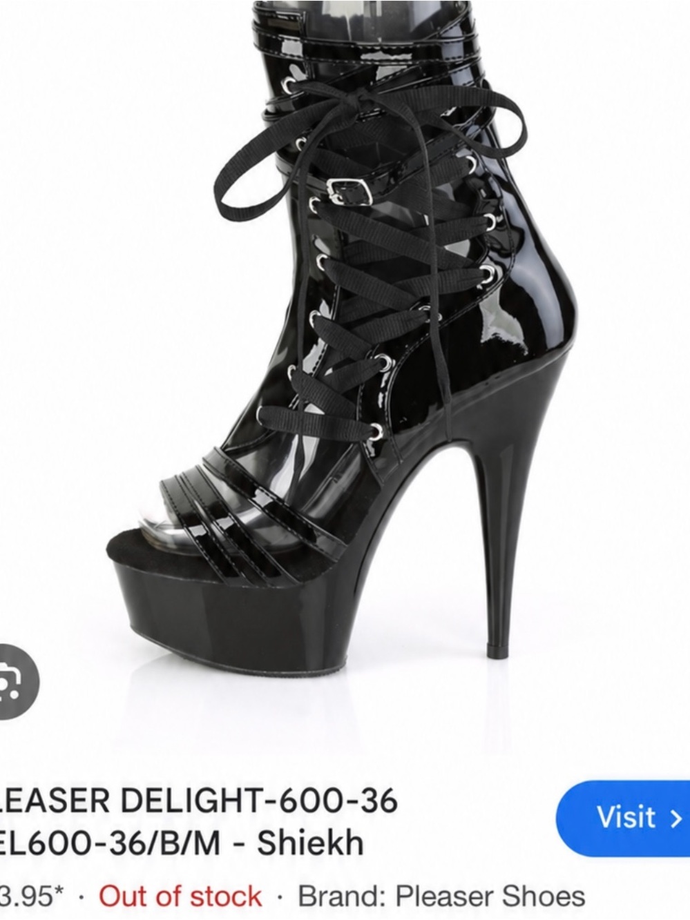 Pleaser Black Patent Lace-Up Open-Toe Platform Stiletto Bootie